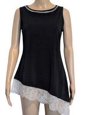 Belldini Black Rhinestone Asymmetrical Lace Hem Tunic Top S Evening